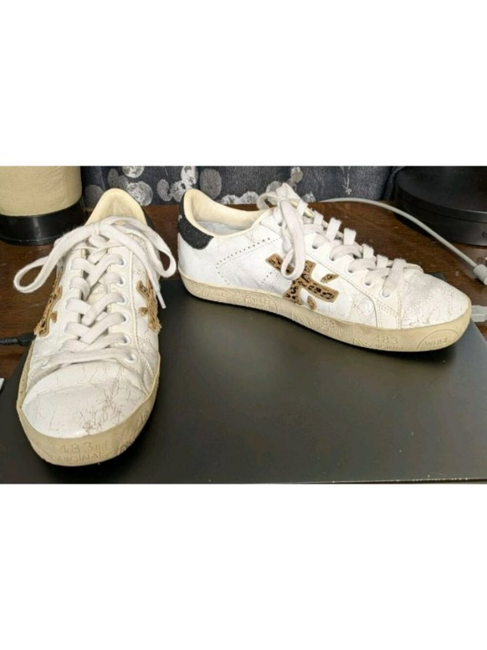 Premiata Steven White Distress Cracked Leather Leopard Sneakers Sz 36 / US 5.5
